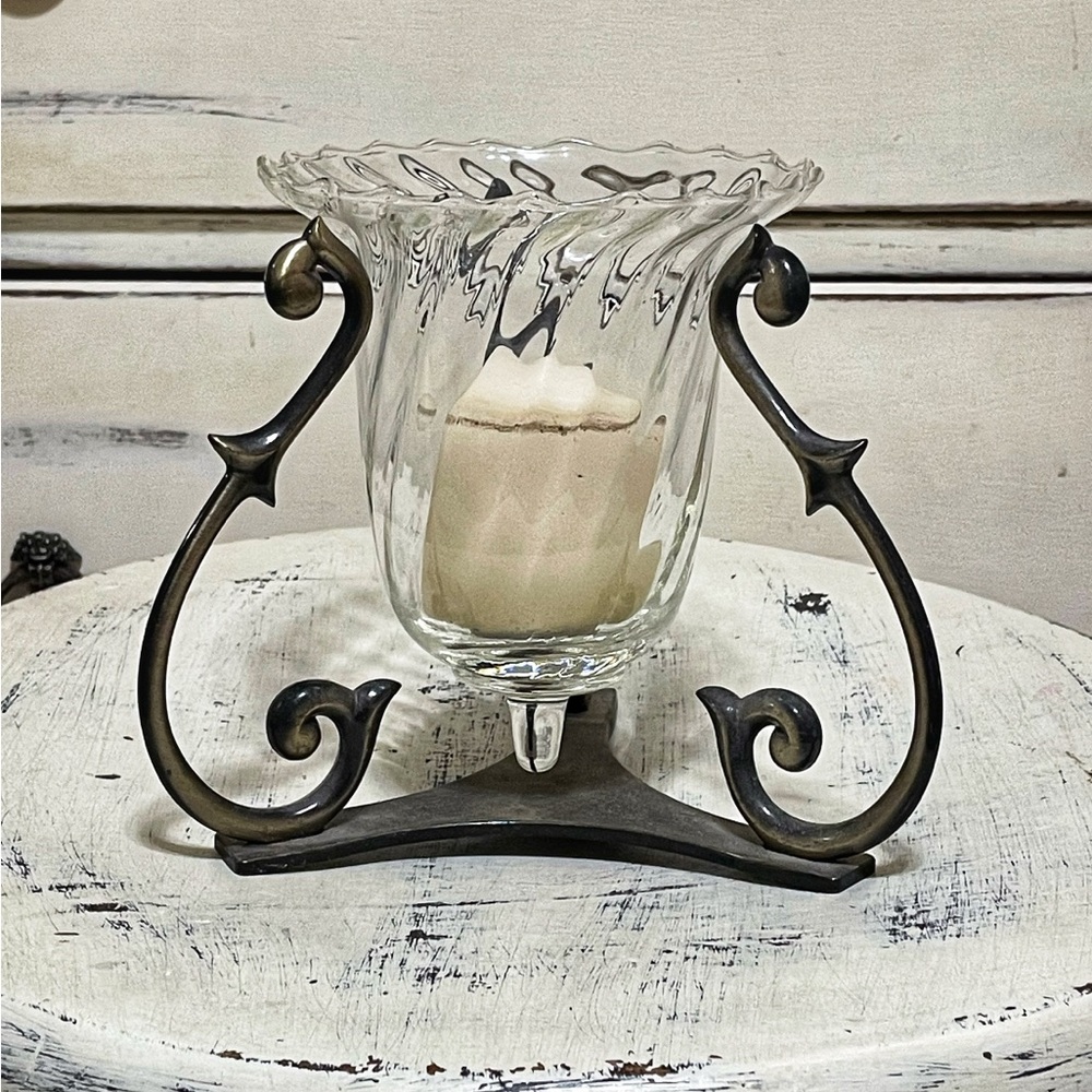 Vintage Glass Candle Holder with Black Metal Stand